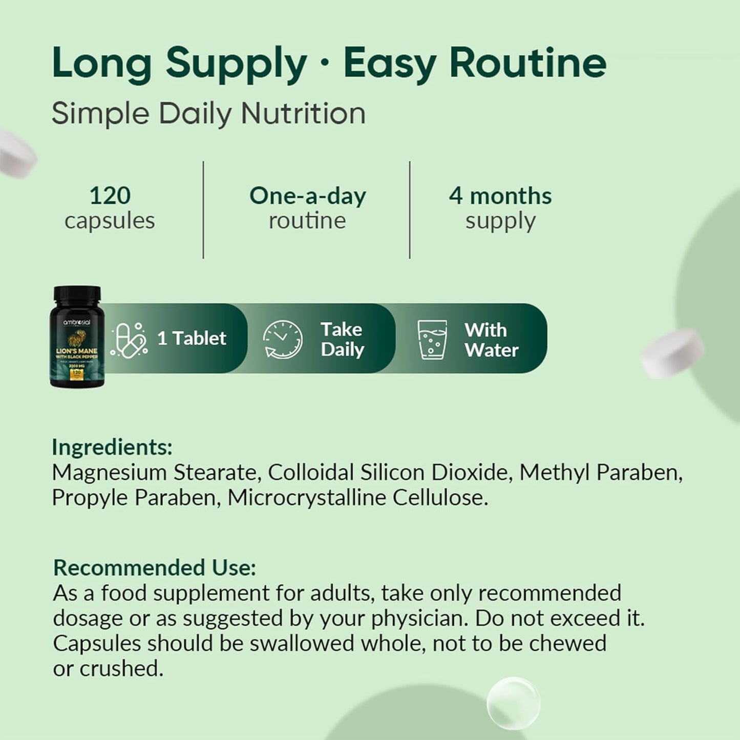 Ambrosial Lionâ€™s Mane Mushroom Supplement with Black Pepper â€“ 2000 mg per Serving | 120 Vegan Tablets | Mushroom Extract to support Focus, Clarity & Wellness