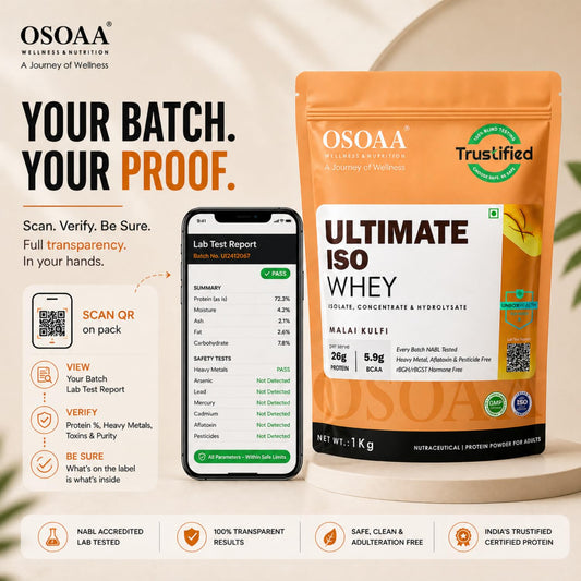 OSOAA Ultimate ISO Whey Protein Isolate Protein - 1kg, Kesar Kulfi | 26g Protein Powder for Muscle Support & Recovery | 100% Authentic Protein Supplement Powder - Batch wise Lab Report