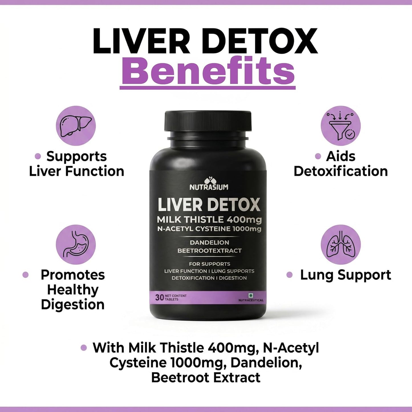 Nutrasium Liver & Lung Detox Supplemets | Milk Thistle- 400 mg | N-Acetyl Systeine 1000 mg | Dandelion & beet root For Support Lung & Liver Health | 60 Tablets (60 Tablets, Liver Detox)