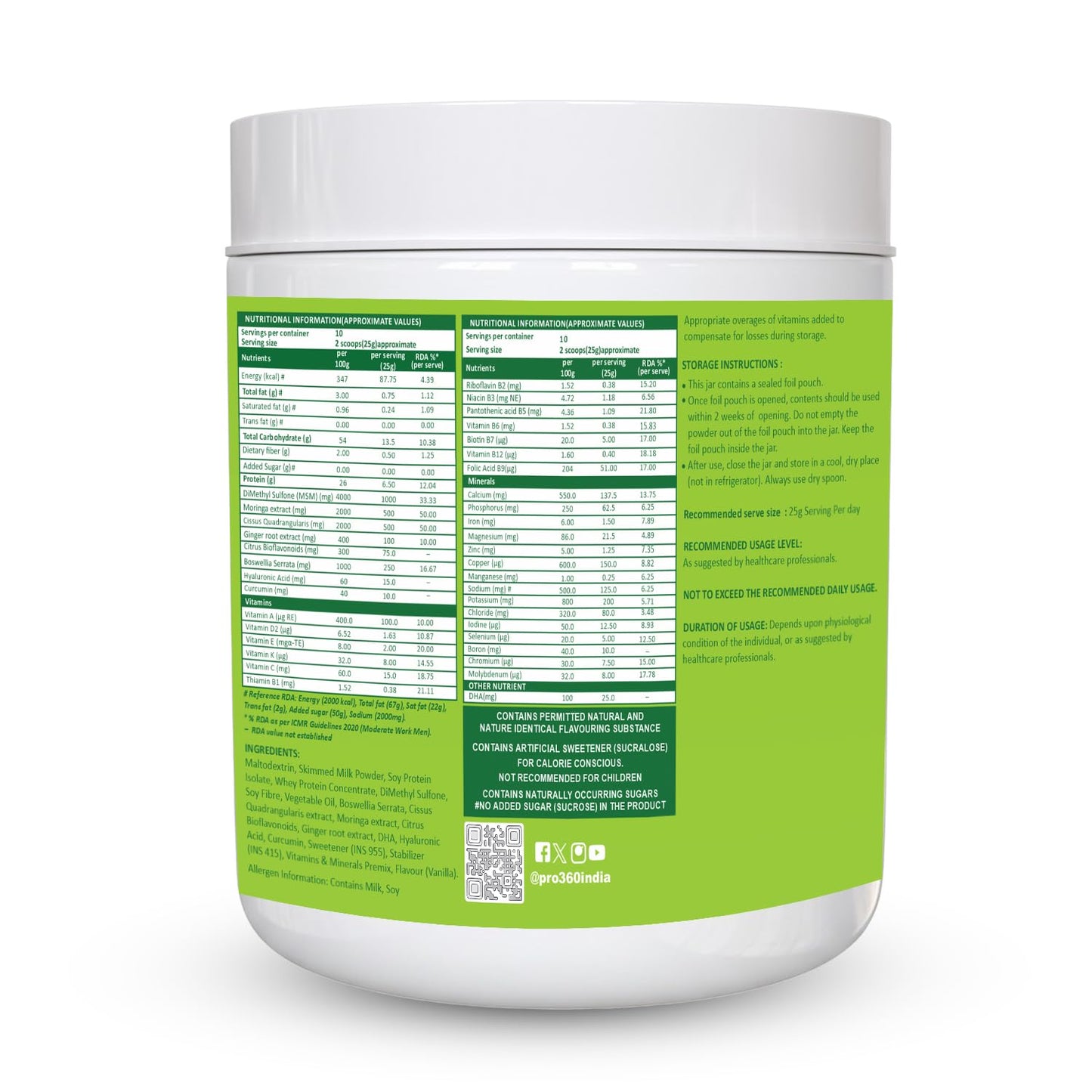 Pro360 Ortho Pro-V 250g Protein Powder for Bone and Joint Health | Supplement for Orthopedic Care with Natural Herbal Extracts | No added Sugar â€“ Vanilla (Pack of 1)