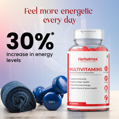 Herbal max Multivitamins Tablets for Men and Women with Zinc, Vitamin C, Vitamin D3, Multiminerals and Ginseng Extract, Enhances Energy, Stamina & Immunity - 60 Tablets