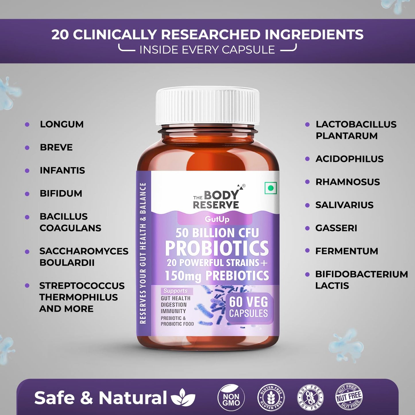 The Body Reserve Probiotics Supplement 50 Billion CFU Gut Health Supplements With Probiotics And Prebiotics Supports Digestion & Gut Cleanse-60 Capsules