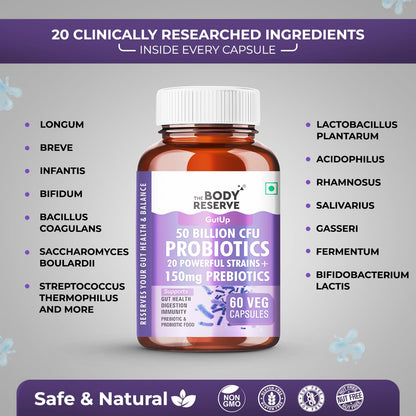 The Body Reserve Probiotics Supplement 50 Billion CFU Gut Health Supplements With Probiotics And Prebiotics Supports Digestion & Gut Cleanse-60 Capsules