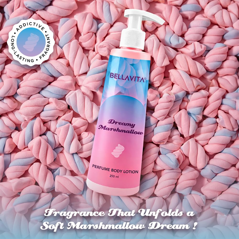 BELLAVITA Dreamy Marshmallow | Perfume Body Lotion for Man and Woman | Long-lasting Hydration | Soft & Smooth Skin | Long-lasting Scent | Paraben-free | Infused with Cocoa Butter & Glycerin | 250ml