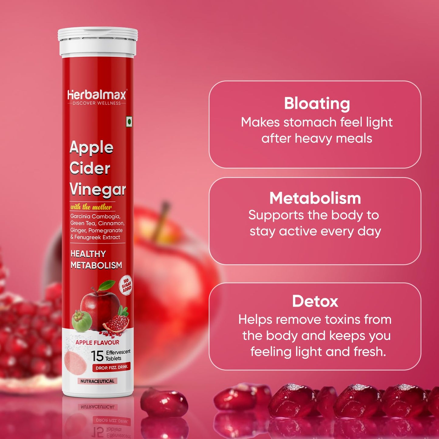 Herbalmax Apple Cider Vinegar With The Mother Effervescent Tablets, Vitamin B6 & B12 | Sugar-Free & Gluten-Free ACV Tablets For Weight Loss | Supports Digestion, Metabolism & Weight Balance | 15 Tablets