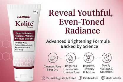 Kolite Cream â€“ Helps Reduce Fine Lines, Wrinkles & Uneven Skin Tone | Enriched with Kojic Acid Dipalmitate, Cyclomethicone & Vitamin C | Brightening & Anti-Ageing Face Cream â€“ 20 g by CANBRO