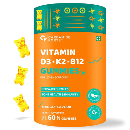 Carbamide Forte Vitamin D3 K2 B12 Gummies | Vitamin B12 Supplements | B12 Supplements For Bone Health & Immunity | Veg Lichen Source D3 Supplement | Mango Flavoured - 60 Gummies