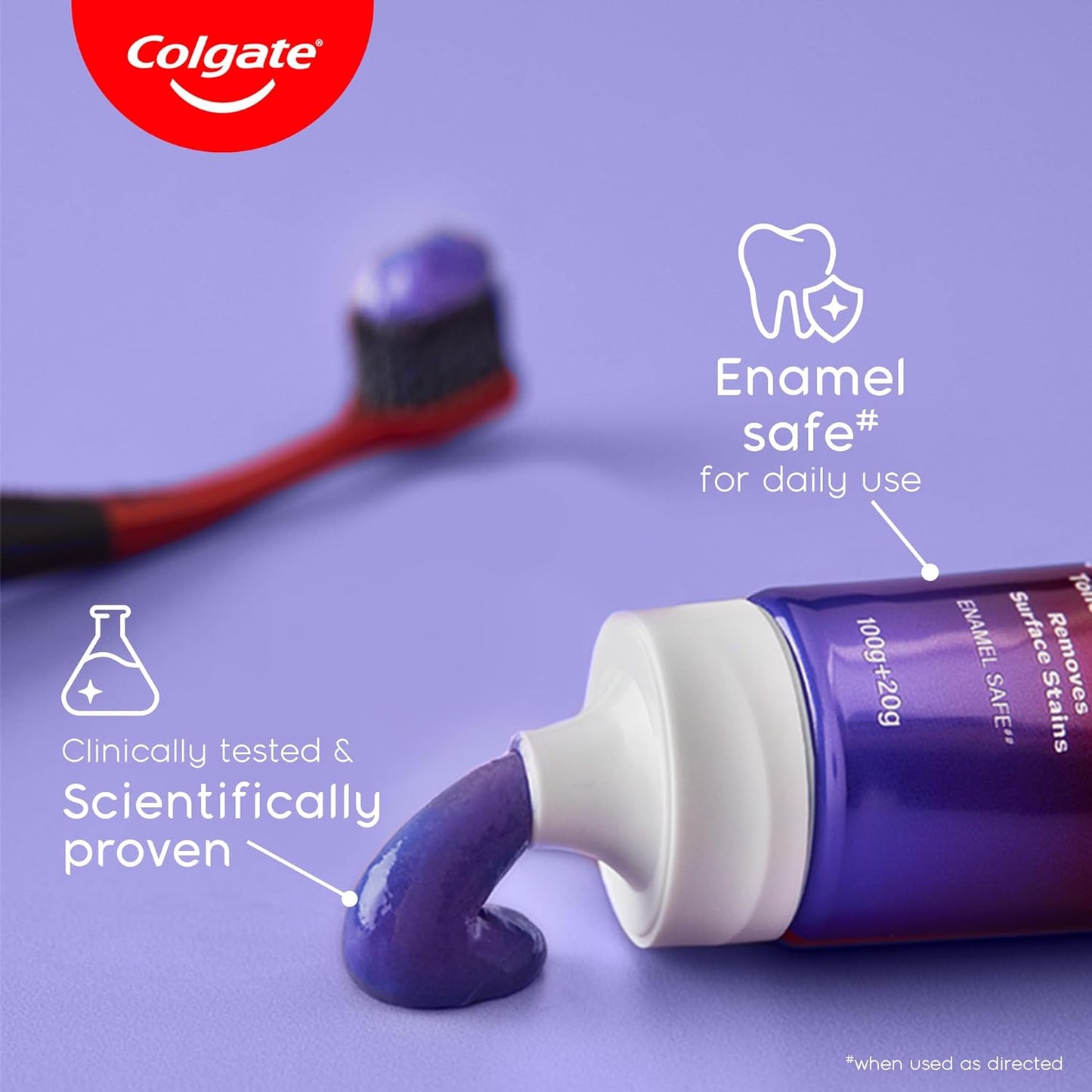 Colgate Visible White Purple Toothpaste and Toothbrush for Teeth Whitening, Helps Remove Surface Stains, Whitens Yellow Teeth, Enamel-Safe for Daily Use, 120g