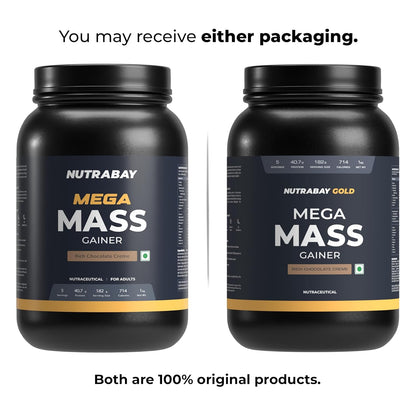 Nutrabay Gold Mega Mass Gainer Powder - 1kg, Rich Chocolate Creme | 100% Veg | 40.7g Protein, 122g Carbs, 714 Calories | Muscle Building & Weight Gainer Supplement for Men & Women
