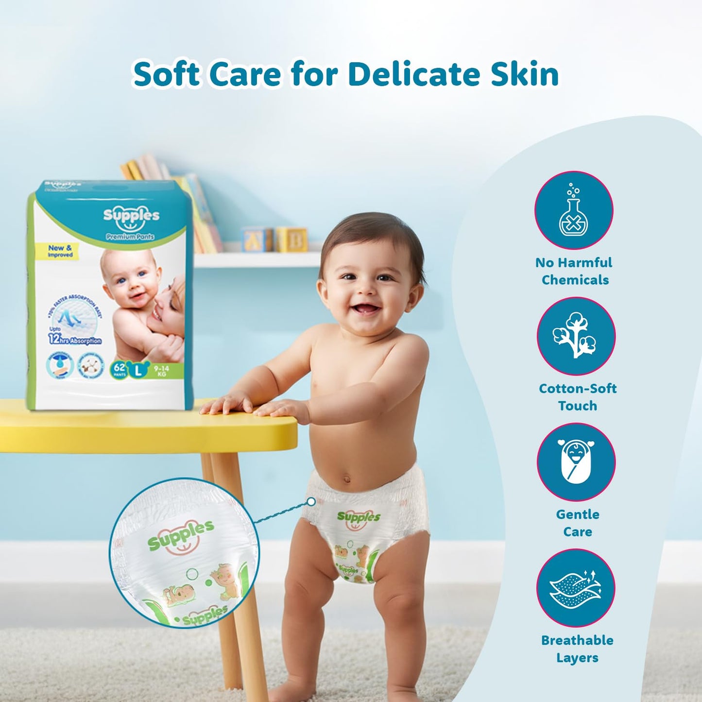 Supples Premium Baby Diaper Pants | 62 Baby Diapers | Large | 9-14 Kg | 12 Hrs Absorption | Cushiony Cotton Soft Fabric | Phthalates-Free | Triple Leak Guard