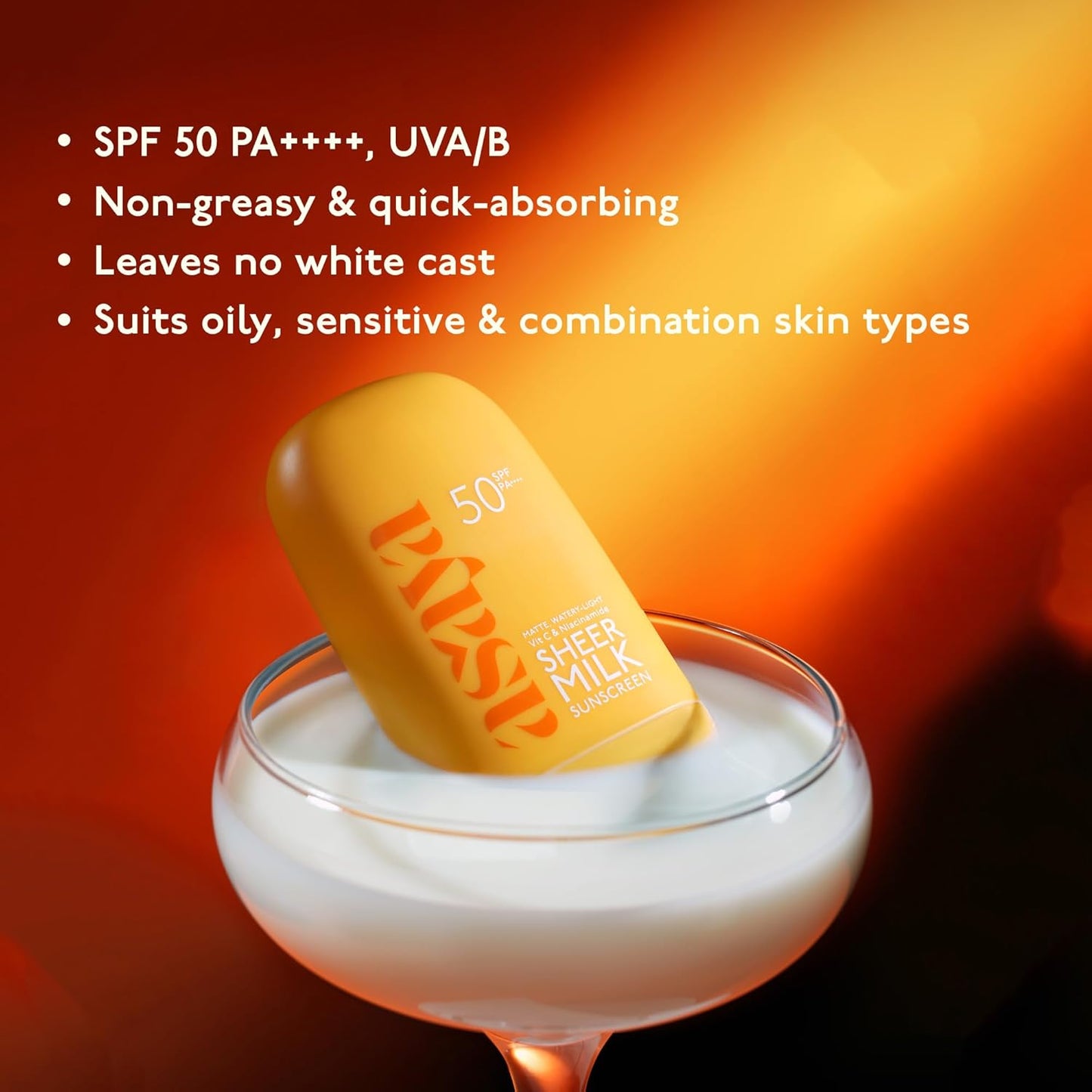 Asaya Sheer Milk Sunscreen SPF 50 PA++++ UVA + UVB | Lightweight Water-Based Fluid Sunscreen with Vitamin C & Niacinamide | Matte & Quick Absorbing | For Acne-Prone, Oily & Combination Skin | 50 ml