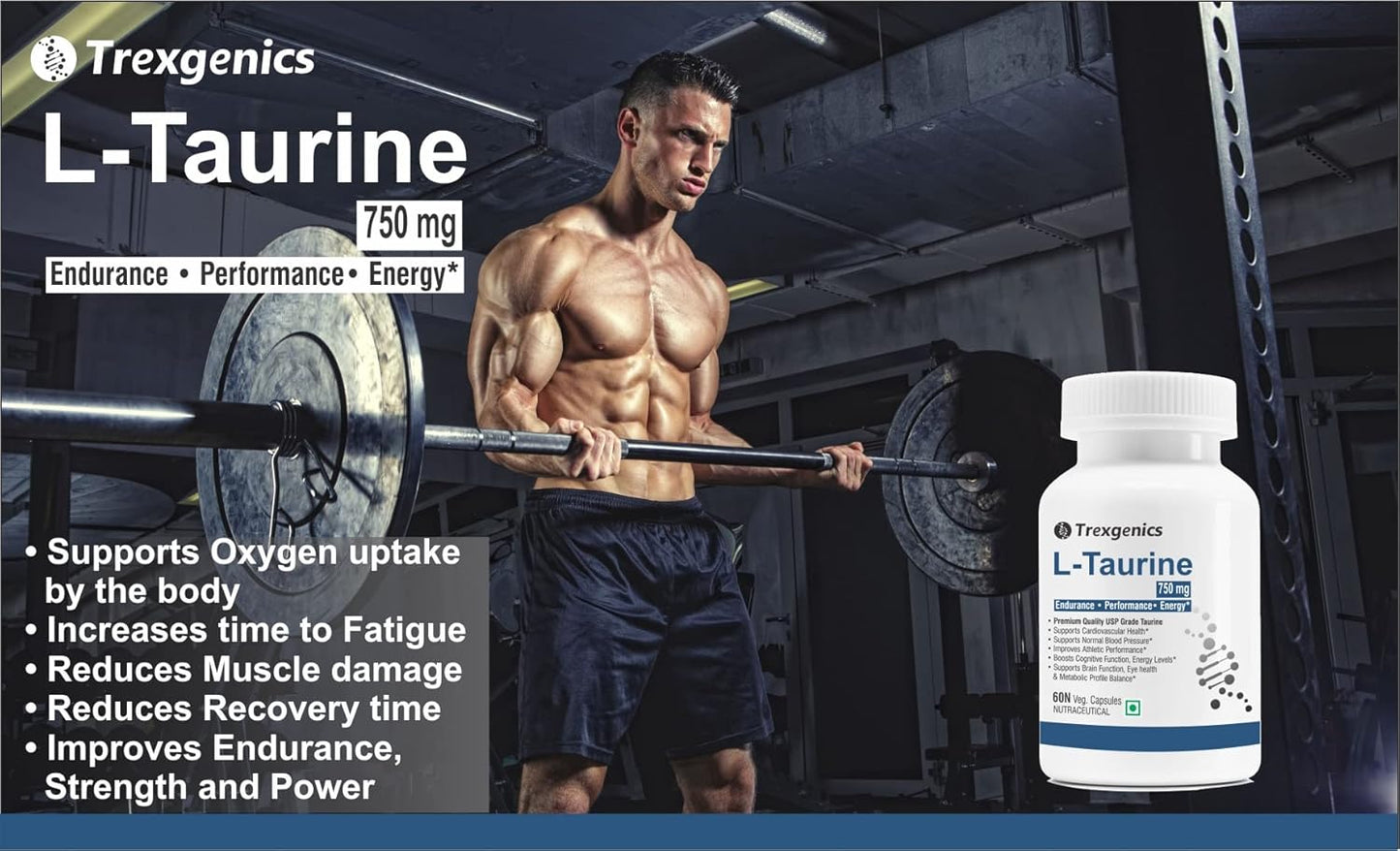 Trexgenics L-TAURINE 750 mg Nervous System, Energy, Heart, Cardiovascular system, Brain, Eye Health Support (60 Vcaps) (Pack of 1)