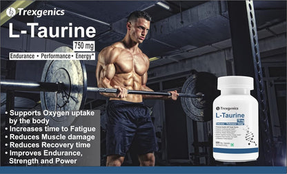 Trexgenics L-TAURINE 750 mg Nervous System, Energy, Heart, Cardiovascular system, Brain, Eye Health Support (60 Vcaps) (Pack of 1)