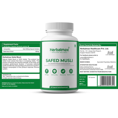 Herbalmax Safed Musli 800mg | With Shilajit, Ashwagandha & Gokshura | Natural Energy, Immunity Boost, Stamina & Stress Relief | Enhances Performance & Body Strength for Men & Women â€“ 60 Veg Capsules