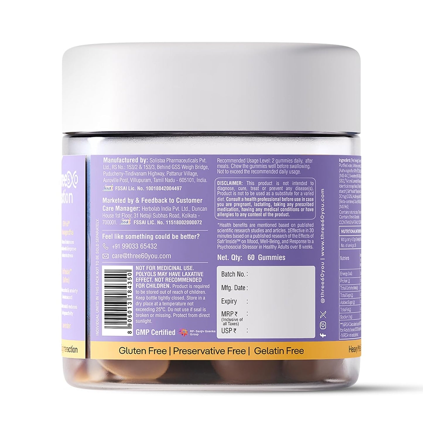 three60 STRESS RELIEF Gummies |Reduces Stress & Cortisol Levels |Helps in Anxiety Relief & Calms Mind |KSM-66Â® Ashwagandha, Safrâ€™InsideTM (Saffron), Lavender|Non-Habit Forming|30 Stress Relief Gummies
