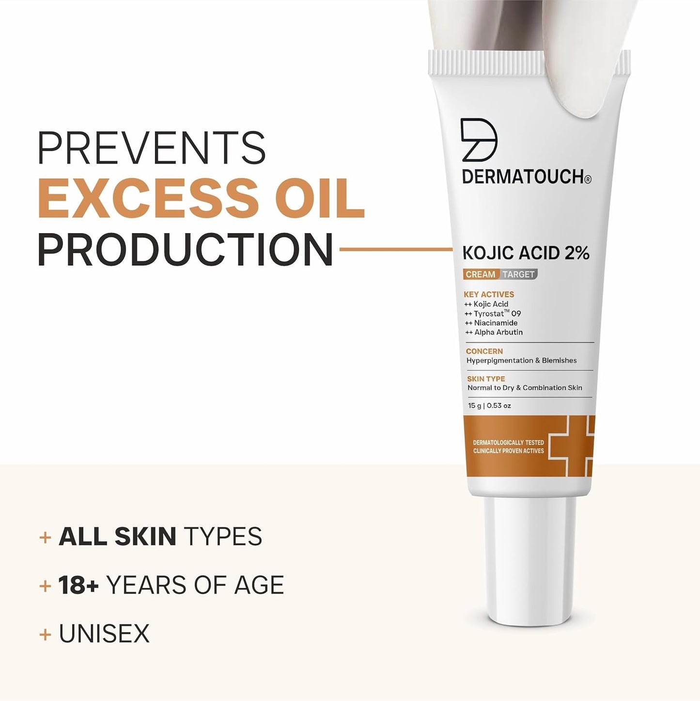 DERMATOUCH Kojic Acid 2% Cream | Non-Greasy | For Pigmentation, Blemishes and Dark Spots Reduction | 15g