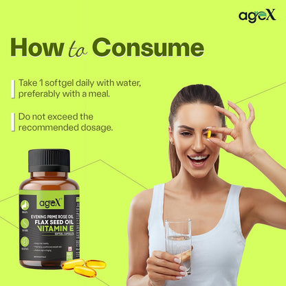 Flaxseed & Evening Primrose Softgel Capsules with Vitamin E | Skin Health, Hormonal Balance & Heart Support | Healthy Skin, Hair & Reduce signs of Aging - 60 Softgel Capsules (Pack of 1)