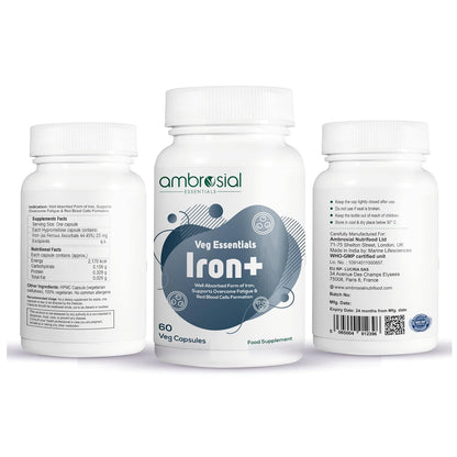 Ambrosial Iron Tablets High Strength 25mg| Iron Supplement for Women & Men| Blood Support & Helps Reduce Tiredness & Fatigue | Enhanced Absorption & Non - Constipating (Pack of 1-60 Capsules)