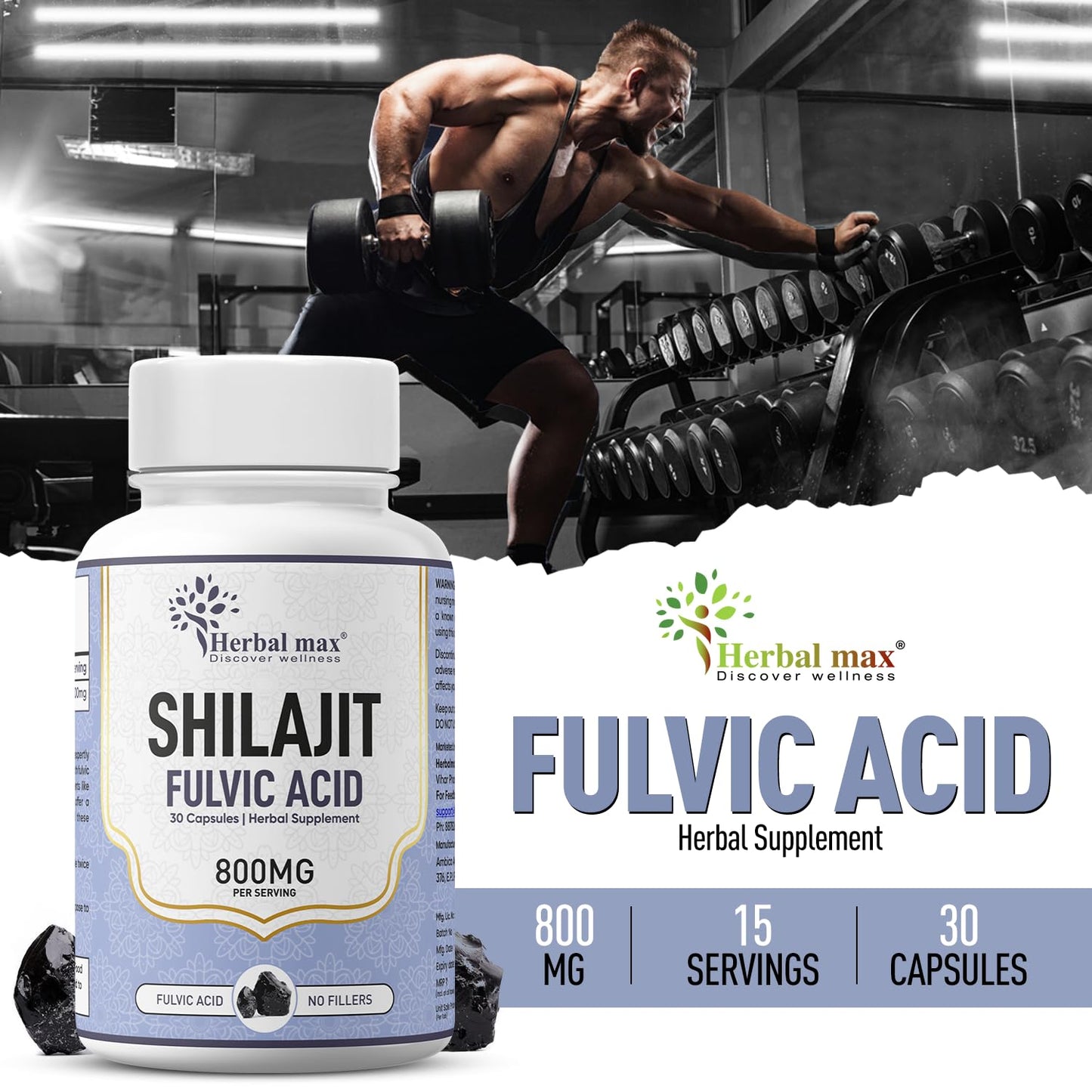 Herbal Max Shilajit 800mg Capsules â€“ Fulvic Acid Enriched Natural Supplement for Strength, Endurance, Energy & Immunity | Supports Men & Womenâ€™s Vitality