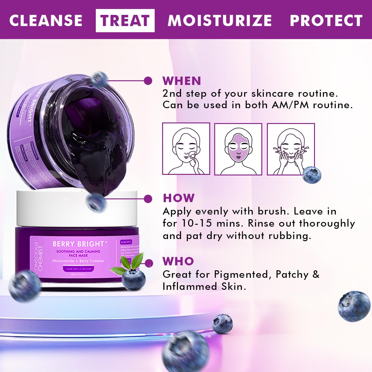 Conscious ChemistÂ® Berry Bright Pore Refining & Brightening Face Mask | For Bright and Clear Skin with Niacinamide & Berry Extracts | 50g