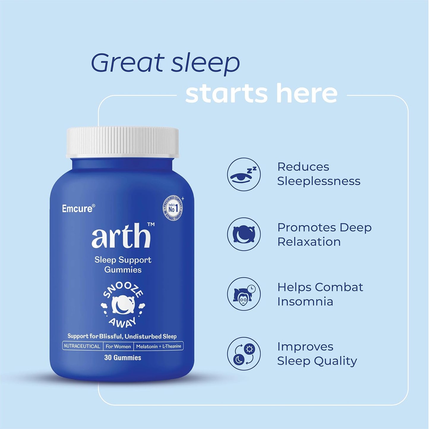 Arth Sleep Support Gummies|Promotes deep relaxation, Improves sleep quality, Helps with Insomnia|Melatonin 5mg, L-Theanine | Emcure Pharmaceuticals Ltd. | 30 Gummies