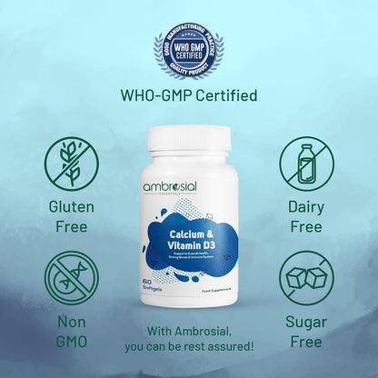 Ambrosial Calcium & Vitamin D3 tablets | High Potency Tablets for Women & Men | Calcium Supplements to Support Healthy Bones, Muscles & Teeths (Pack of 1-60 Softgels)