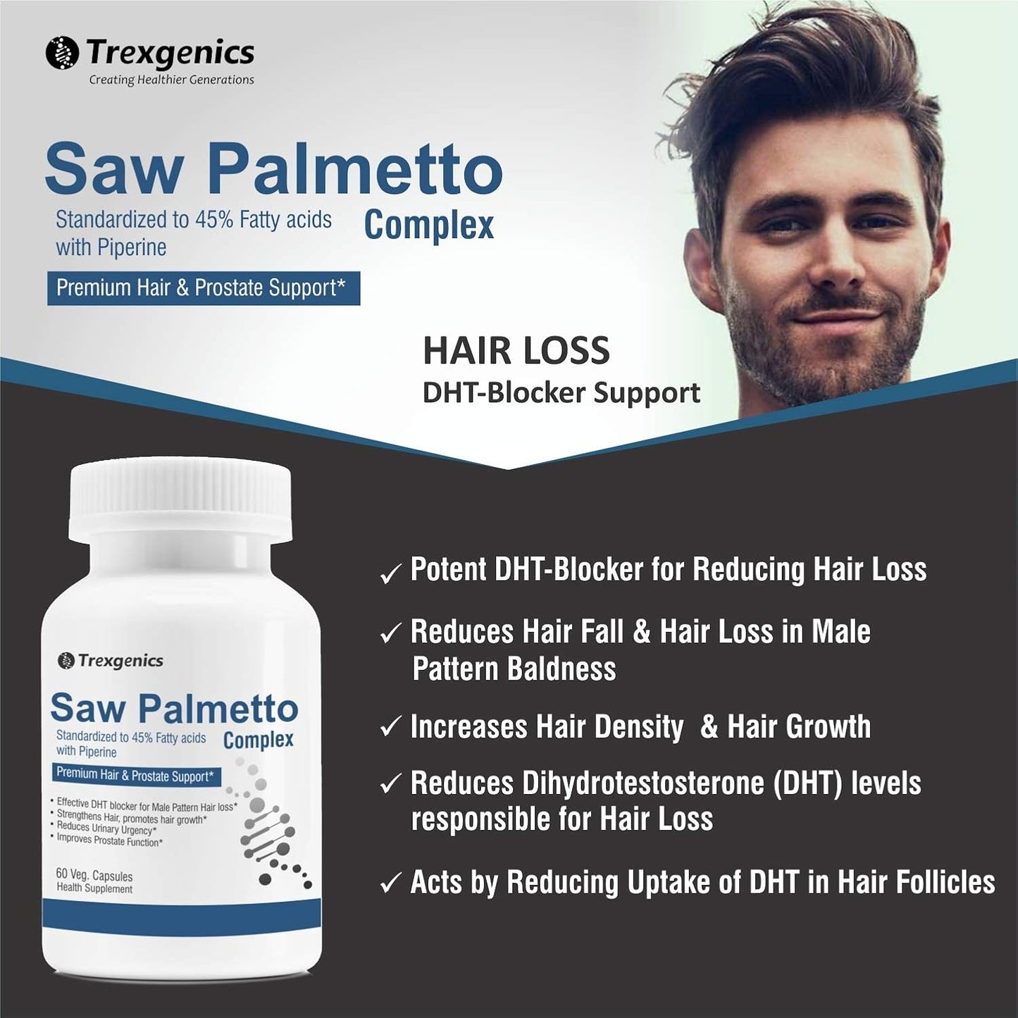 Trexgenics SAW PALMETTO Advanced - High Strength 45% Complex 550 mg with Bio-enhancer Piperine - Hair DHT Blocker & Prostate Support (60 Veg. Capsules) (1)
