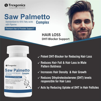 Trexgenics SAW PALMETTO Advanced - High Strength 45% Complex 550 mg with Bio-enhancer Piperine - Hair DHT Blocker & Prostate Support (60 Veg. Capsules) (1)
