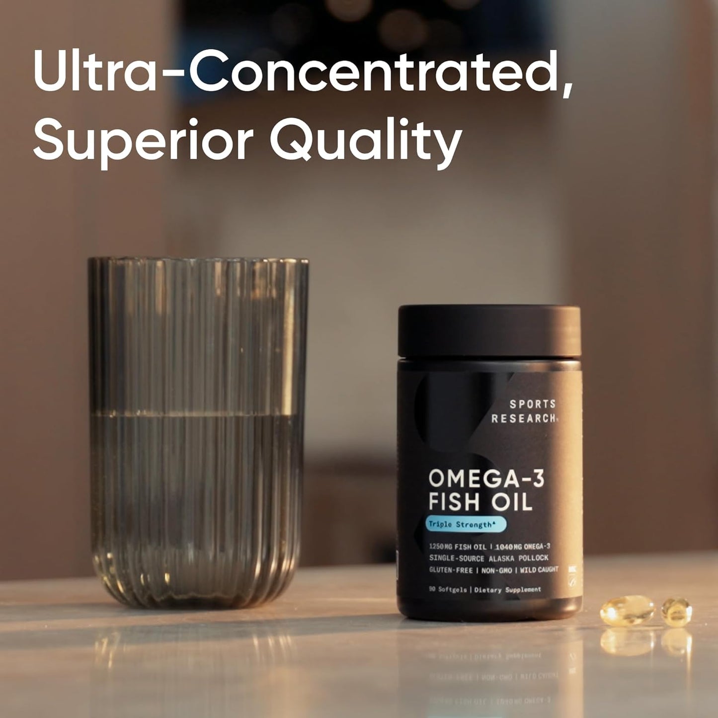 Sports ResearchÂ® Omega-3 Fish Oil 1250 - Triple Strength Fish Oil Supplement from Wild Alaska Pollock - MSC Certified Sustainable Â· Non-GMO Â· Soy Free - 90 Softgel Capsules