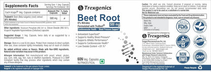 Trexgenics TRUE BEET 6% Nitrates 500 mg Exercise Endurance, VO2 Max, Cardiovascular, Antioxidant, Blood Pressure Support VEGAN & NON-GMO (60 Veg. Capsules)