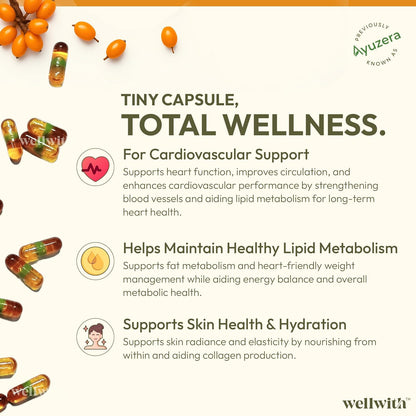 Wellwith by Ayuzera Sea Buckthorn Berry Oil Omega 7 500mg, 30 Veg HPMC Capsules, 15-Day Supply| Sea buckthorn Capsules rich In Omega 3, 6 & 9 help to keep the skin healthy| Dietary Supplements, 500mg Each