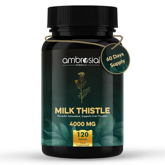Ambrosial Milk Thistle 4000 mg | High Strength Liver Support Antioxidant | Liver Detox Supplement (Pack of 1-120 Tablets)