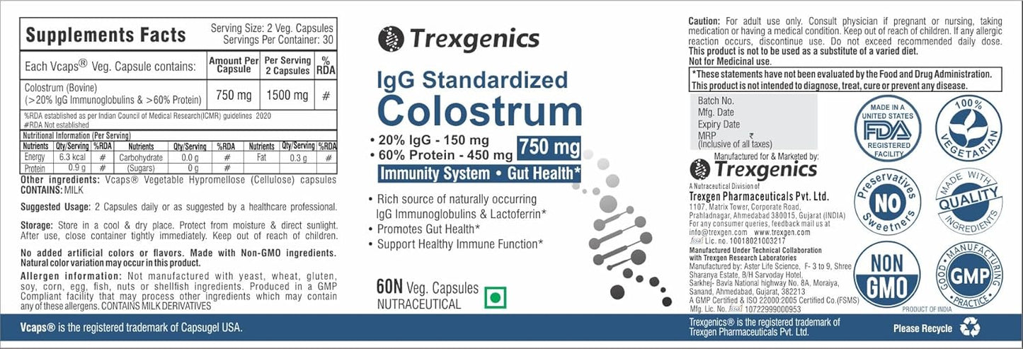 Trexgenics COLOSTRUM 750 mg, 20% IgG, 60% Protein, Immunity, Gut Health Support VEGETARIAN & NON-GMO (60 Veg. Capsules) (Pack of 1)