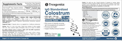 Trexgenics COLOSTRUM 750 mg, 20% IgG, 60% Protein, Immunity, Gut Health Support VEGETARIAN & NON-GMO (60 Veg. Capsules) (Pack of 1)