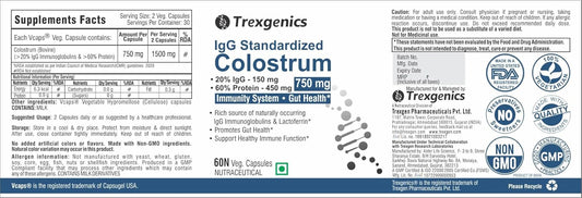 Trexgenics COLOSTRUM 750 mg, 20% IgG, 60% Protein, Immunity, Gut Health Support VEGETARIAN & NON-GMO (60 Veg. Capsules) (Pack of 1)