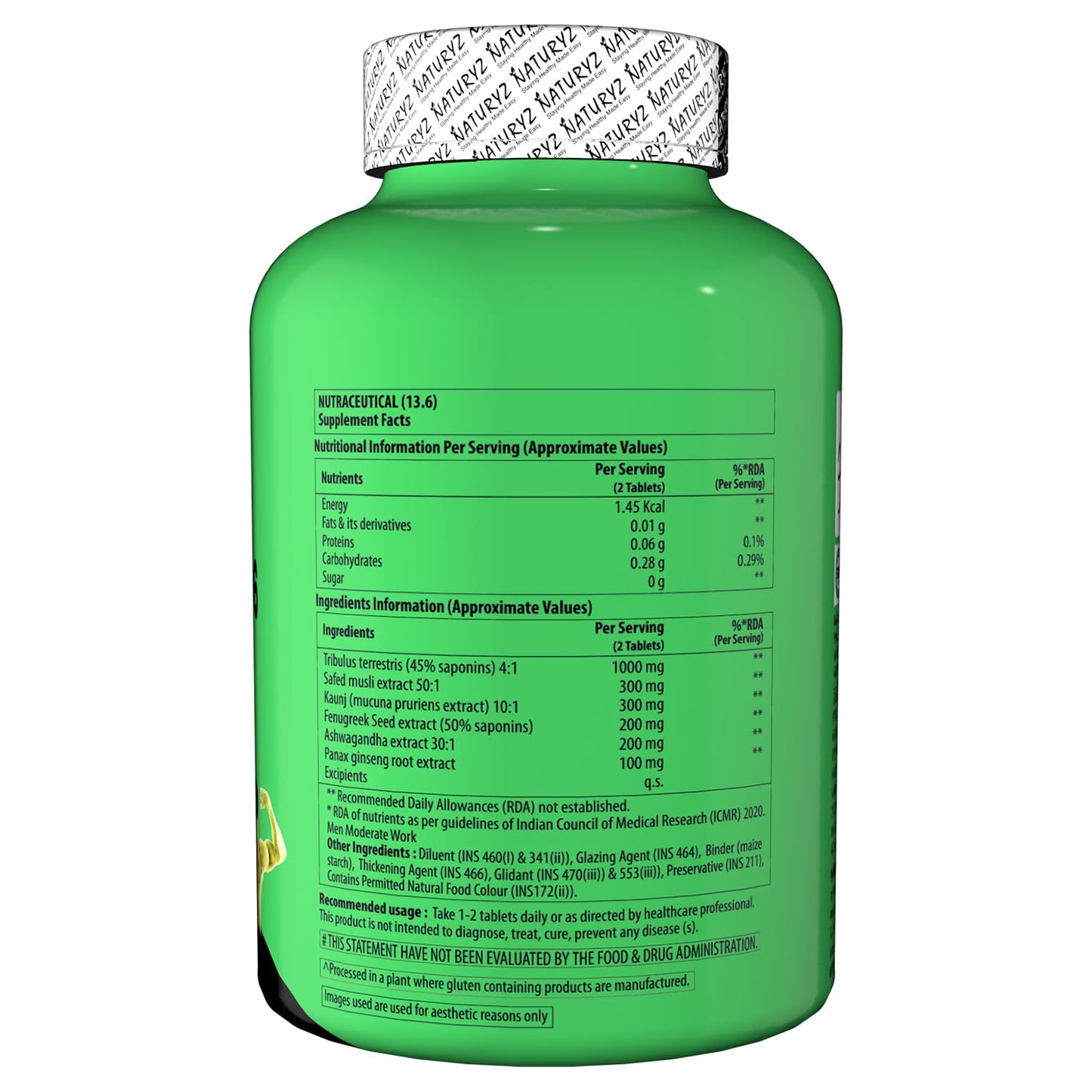 Naturyz Testo-6 Plant based Supplement For Men 2100mg per serving with Maximum Strength 1000mg Tribulus Terrestris, Safed Musli, Kaunj, Ashwagandha for Muscle gain, Stamina & Strength - 60Tablets