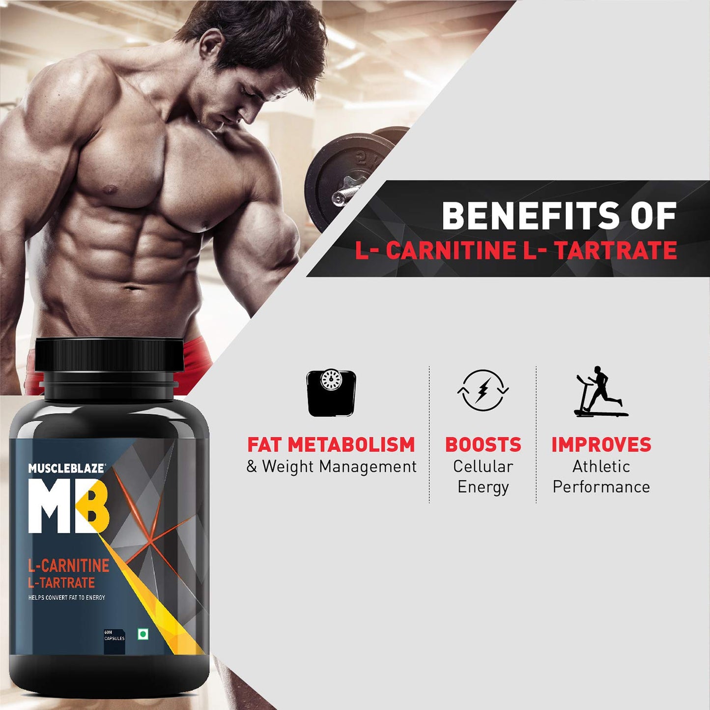 MuscleBlaze L-Carnitine L-Tartrate for Adults, Helps Convert Fat into Energy (Unflavoured, Capsules 60 Count )