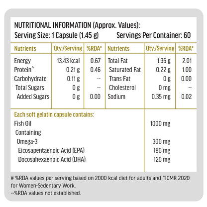 HealthKart hk vitals Omega 3 (60 Fish Oil Capsules) | 1000mg Omega 3 with 180mg EPA & 120mg DHA | For Brain, Heart, Eyes, and Joints Health