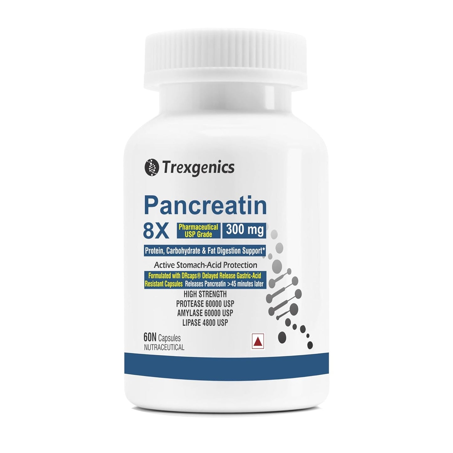 Trexgenics PANCREATIN 300 mg 8X Pharmaceutical Grade Stomach Acid Protected Protease 60000 USP, Amylase 60000 USP, 4800 USP Lipase Digestive Health Support (60 DRcaps)