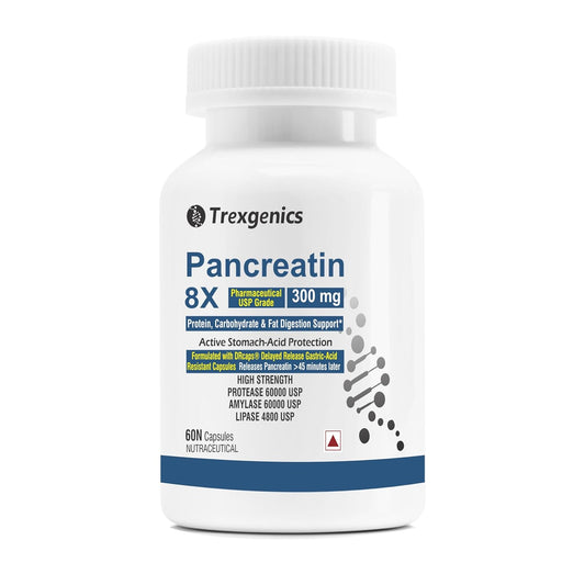 Trexgenics PANCREATIN 300 mg 8X Pharmaceutical Grade Stomach Acid Protected Protease 60000 USP, Amylase 60000 USP, 4800 USP Lipase Digestive Health Support (60 DRcaps)