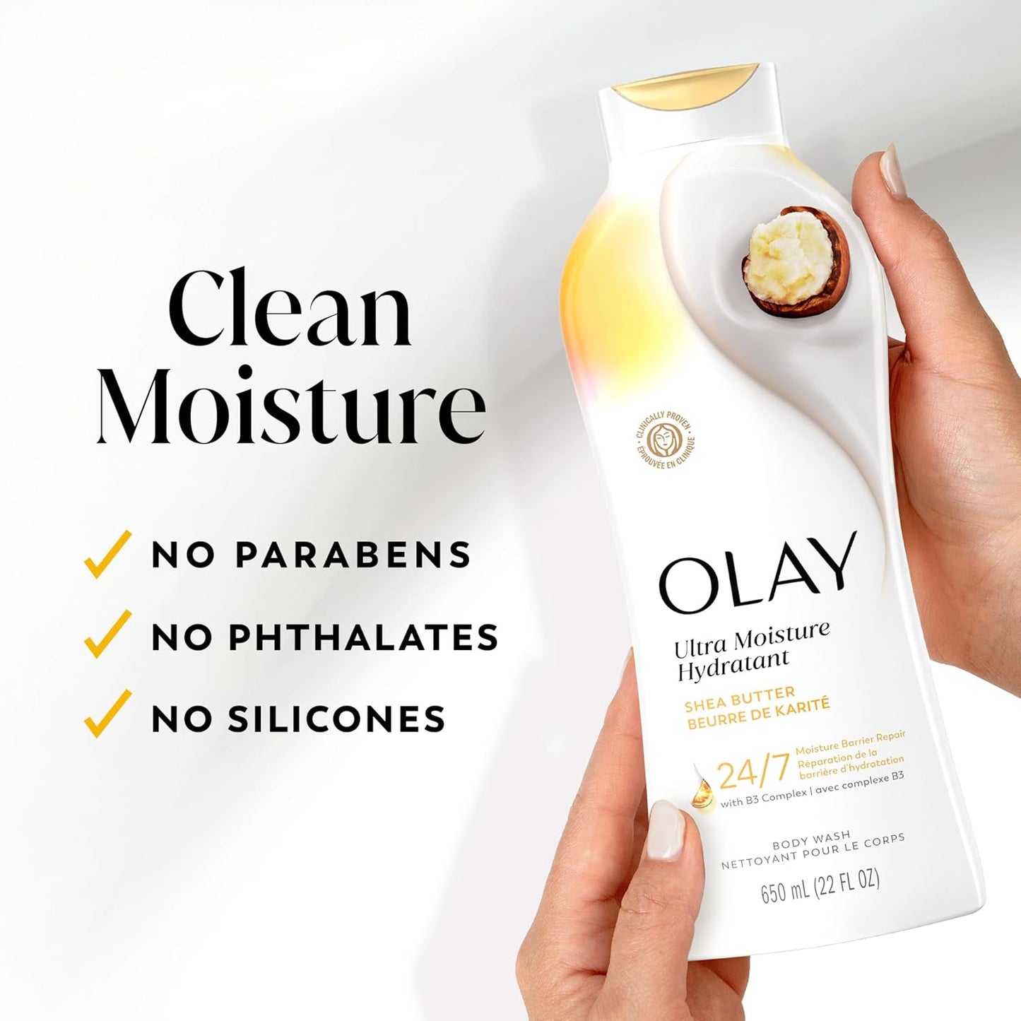 Olay Body Wash for Women, Ultra Moisture, 24hr Moisturizing, Hydrating & Refreshing, B3 Vitamin Complex, Free of Parabens & Phthalates, For All Skin Types, Shea Butter Scent, 650ml