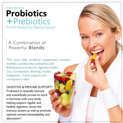 Vokin Biotech Probiotics+ Prebiotics Supplement 50 Billion Cfu For Women & Men With Prebiotics 150 mg | Probiotic Capsules For Digestion Support, Gut Health And Immunity â€“ 60 Veg Capsules