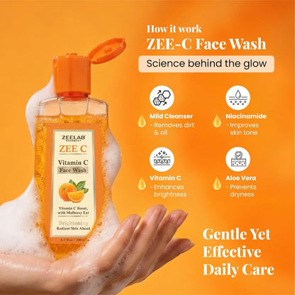 Zeelab ZEE-C Vitamin C Face Wash 200ml | Brightening Face Cleanser with Niacinamide, Aloe Vera, Licorice & Mulberry Extract | Helps Reduce Dullness, Dark Spots & Excess Oil | Gentle Daily Face Wash for Oily, Normal & Combination Skin