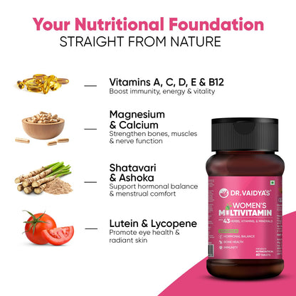 Dr. Vaidyaâ€™s Multivitamin for Women | Natural Multivitamin Enriched with Ayurvedic Herbs like Shatavari | Goodness of Calcium and Vitamin D3 tablets, Magnesium supplement, Vitamin B12 supplements & Herbal Extracts | (60 tablets) Pack of 1