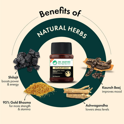 Dr. Vaidyaâ€™s Shilajit Gold Capsules for Men | Pure Himalayan Shuddha Shilajit, Ashwagandha, Swarna Bhasma, Gokshura & Fulvic Acid | Boosts Strength, Stamina, Energy & Vitality | 30 Capsules