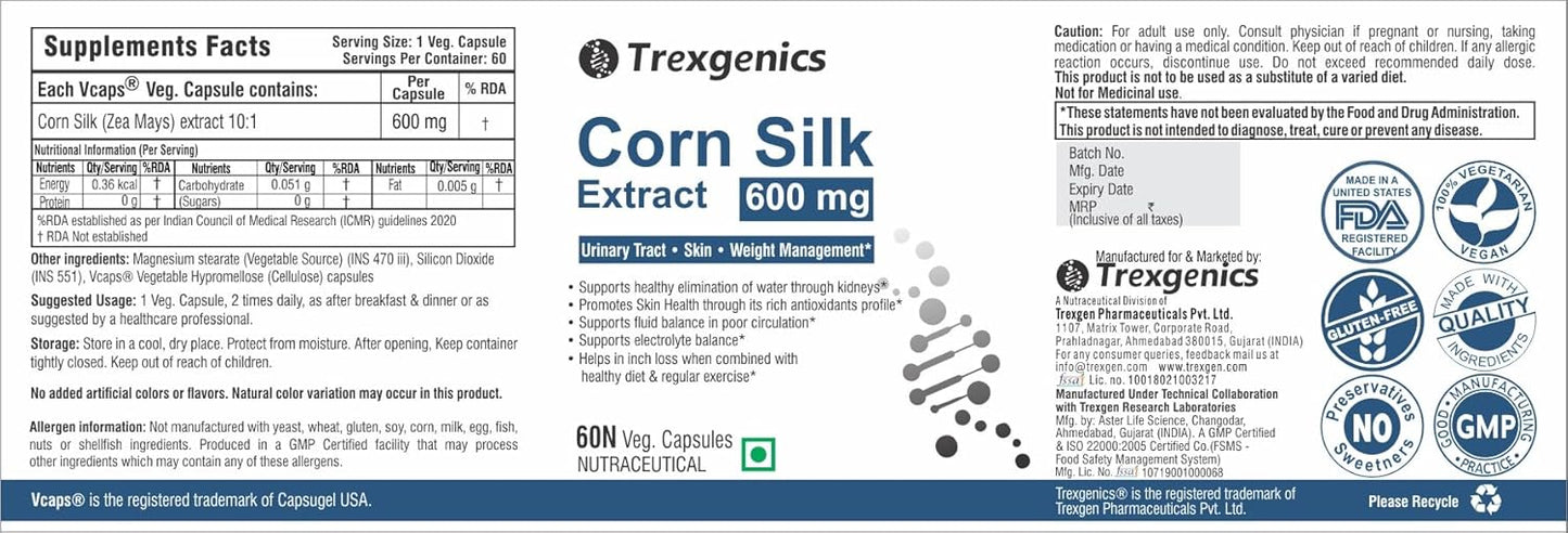 Trexgenics Corn Silk Extract 600 Mg 10:1 For Kidney Care, Skin, Weight Management Vegan & Gluten Free (60 Veg Capsules)