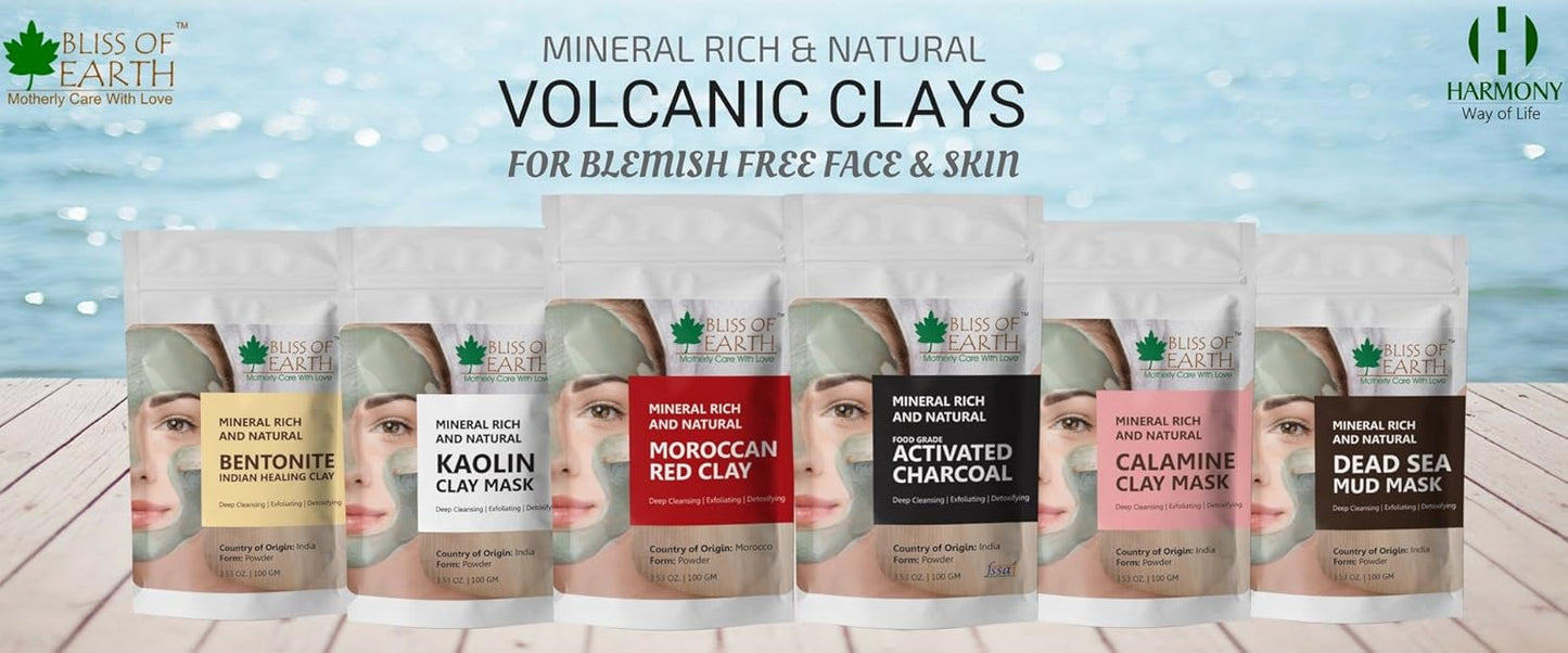 Bliss of Earth Original Moroccan Red Clay Powder | 100GM | Natural Facial Mask & Skin Care Treatment | Anti-Ageing | Heals Dry & Oily Skin | Detoxifying & Rejuvenating |