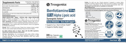 Trexgenics BENFOTIAMINE 150 mg + ALPHA LIPOIC ACID 300 mg +15 mg L-Leucine Glucose Metabolism & Nerve Health VEGAN & NON-GMO (30 Veg. Capsules) (Pack of 1)