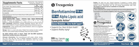 Trexgenics BENFOTIAMINE 150 mg + ALPHA LIPOIC ACID 300 mg +15 mg L-Leucine Glucose Metabolism & Nerve Health VEGAN & NON-GMO (30 Veg. Capsules) (Pack of 1)