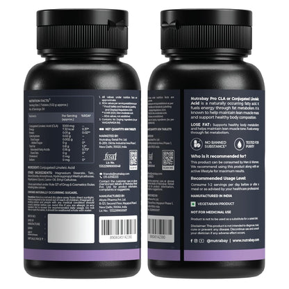 Nutrabay Pro CLA (Conjugated Linoleic Acid) | Fat Burner, Boosts Metabolism & Lean Muscle Build Supplement, 1000mg - 60 Veg Tablets